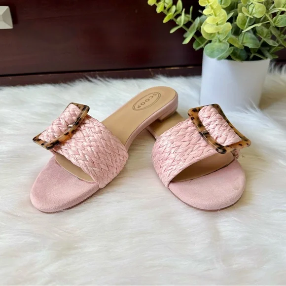 Scoop Rolie Tortoise Buckle Pink Raffia Slide Flat Sandal Size 7.5 - Picture 2 of 12